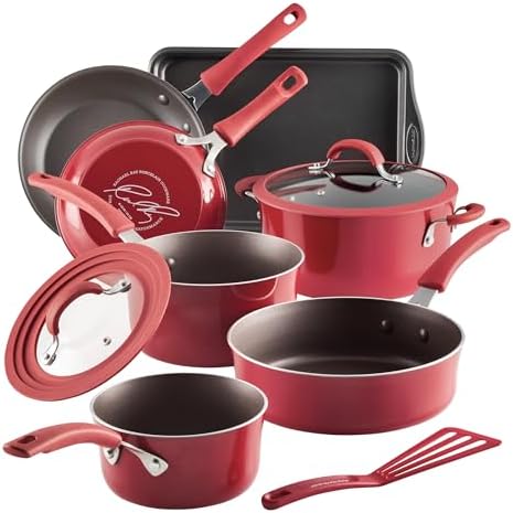 Rachael Ray Cook + Create Nonstick Cookware/Pots and Pan Set, 10 Piece, Red
