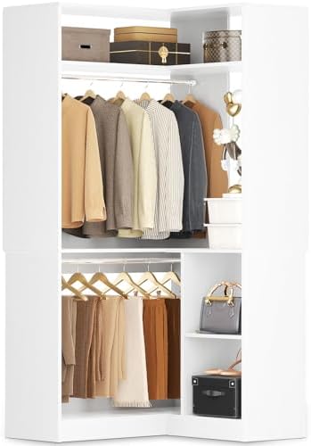 Aheaplus Corner Closet System With Shelves, 34'' Organizer With Hanging Rods, Wood Walk-in for Small Space, Freestanding Tower, L Shaped Garment Rack, White