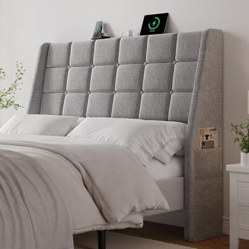 Ergonomic Upholstered Full Size Headboard w/Charging Station, Linen Wingback Headboards w/Storage Pocket, Full Headboard Only, Bed Frame Adapters, Sturdy Solid Wood Bed Head Board, Light Grey