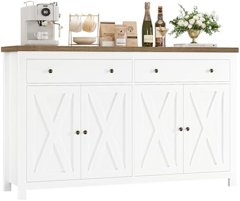 FOTOSOK Sideboard Buffet Cabinet with Storage, 55" Large Kitchen Storage Cabinet with 2 Drawers and 4 Doors, Wood Coffee Bar Buffet Table Console Table for Kitchen Dining Room, White