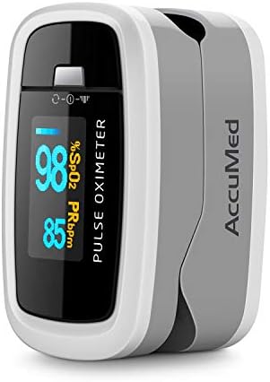 AccuMed CMS-50D1 Fingertip Pulse Oximeter Blood Oxygen Sensor SpO2 for Sports and Aviation. Portable and Lightweight with LED Display, 2 AAA Batteries, Lanyard and Travel Case (White)