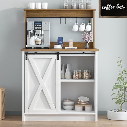 Farmhouse Coffee Bar with Hutch, White Coffee Bar Cabinet with Storage Sliding Barn Door, 31 Inch Buffet Cabinet with 6 Hooks, Coffee Bar Table with Adjustable Shelves for Living Dining Room