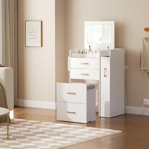 3 in 1 Vanity Desk with Flip Top Mirror, LED Lights, Side Cabinet,Collapsible Desk Panel, Hidden Stool with Storage, Small Makeup Vanity Table with Power Outlets, Compact Vanity, White PT01DTW