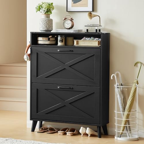 Shoe Storage Cabinet With 2 Flip Drawers, Farmhouse Organizer for Entryway, Narrow Hidden Rack With Wooden Legs & Open Storage, Free Standing Closet for Foyer, Hallway, Black