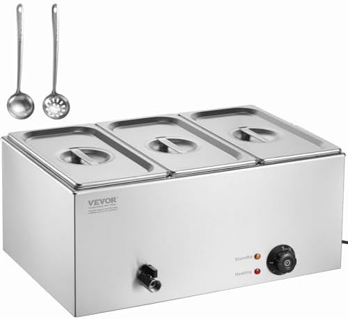 VEVOR 3-Pan Commercial Food Warmer, 24QT Electric Steam Table, 1200W Professional Countertop Stainless Steel Buffet Bain Marie with 86-185°F Temp Control for Catering and Restaurants, Silver
