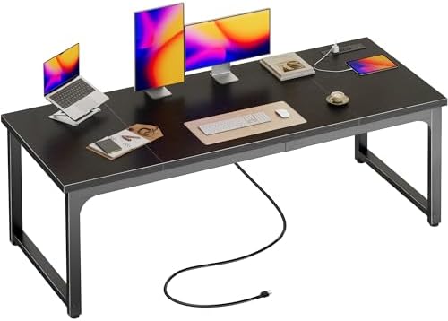 Huuger 63 x 24 inch Desk with Power Outlets & USB-C, Deeper & Thicker Desktop, Robust Metal Tubes, Computer Desk, Heavy Duty Office Desk, Work Gaming Desk, for Home Office, Black