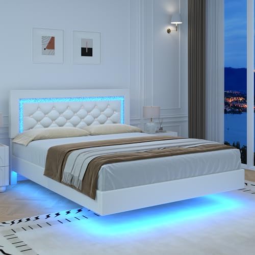 Floating Bed Frame Full with LED Lights, Upholstered Platform Bed with Diamond Tufted Headboard, No Box Spring Needed, Noise Free, Easy Assembly, White