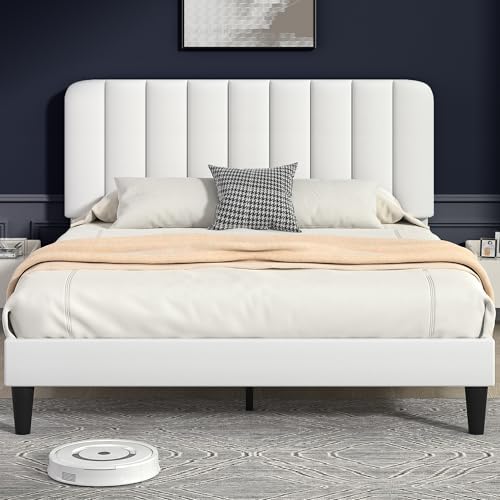 VECELO Queen Size Bed Frame with Upholstered Headboard, Velvet Platform Bedframe Mattress Foundation, Strong Wood Slat Support, No Box Spring Needed,White