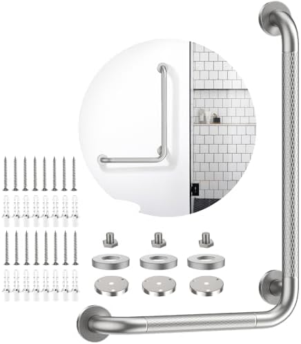 Brushed Nickel Angled Grab Bar 16x24 Inch, iHansee Bathroom Safety Bar w/Anti-Slip Knurled Grip, Wall Mount L Shaped Shower Handle for Elderly Senior Handicap, Toilet Bathtub Balance Support Bar