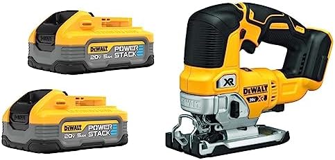 DEWALT Powerstack 20V MAX Battery, Rechargeable, 5Ah, Lithium Ion, 2-Pack (DCBP520-2) & 20V MAX XR Jig Saw, 3,200 Blade Speed, Cordless, Brushless Motor, LED Light, Bare Tool Only (DCS334B)