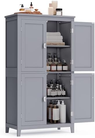 VASAGLE Floor Storage Cabinet, Freestanding Storage Unit with 4 Doors, Adjustable Shelves, 11.8 x 23.6 x 43.3 Inches, for Entryway, Bathroom, Dove Gray UBBC552P36
