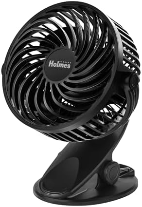 Holmes 4” On-The-Go Personal Fan with Clip – 3 Speed Settings, 360° Rotation, Rechargeable Battery, USB-C Charging, Compact & Portable Design, Black – Ideal for Desks & Personal Spaces