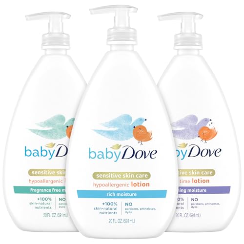 Dove Baby Lotion Bundle β Sensitive Skin Care Hypoallergenic Lotion, Nourishing & Hydrating Baby Lotion for Newborn, Rich Moisture, Calming Moisture & Fragrance Free Moisture, 20 Oz (3 Piece Set)