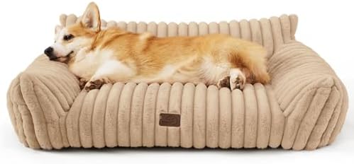Bedsure Cute Pet Couch - Fluffy Dog Sofa with Premium Soft Corduroy Fleece, Dog Couch Bed with Washable Cover, Supportive for Medium Large Dogs, 36" L, Tuscan Beige
