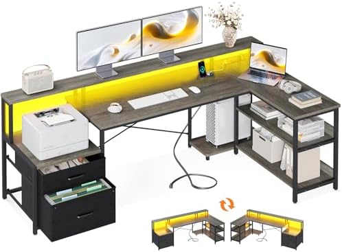 ODK L Shaped Desk with File Drawer, 75" Reversible L Shaped Computer Desk with Power Outlet & LED Strip, Office Desk with Storage Shelves, Gaming Desks with Monitor Shelf, Corner Table, Grey Oak
