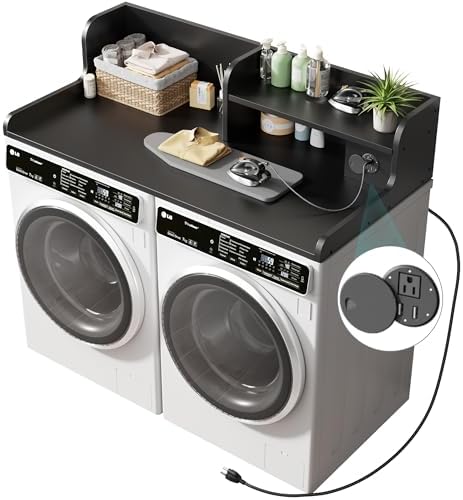 DTK Washer Dryer Countertop with Charging Station, 2 Tier Laundry Countertop with Anti-Slip Strips, 27.55" Depth x 54" Width, Wood Dryer Cover with Shelf, Black