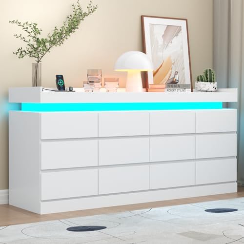 12 Drawer Dresser with Power Outlet, Dresser with LED Light, Modern Chest of Drawers for Closet, Double Wide Drawer Organizer Cabinet for Bedroom, Living Room (White, 12 Drawers)