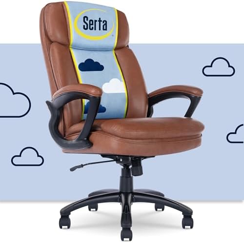 Serta Fairbanks Big & Tall Executive Office Chair, Ergonomic Comfy High-Back ComputerChairs with Lumbar Support, Semi-Plush Seat Cushion, Padded Armrests, Nylon Swivel Base, Bonded Leather, Cognac