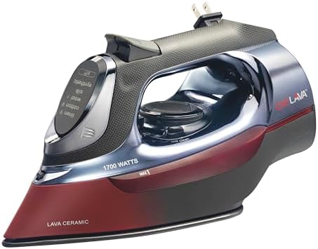CHI Steam Iron for Clothes with 8' Retractable Cord, 1700 Watts, 3-Way Auto Shutoff, 400+ Holes, Professional Grade, Temperature Control Dial, Lava Infused Ceramic Soleplate, Black and Red (13113)