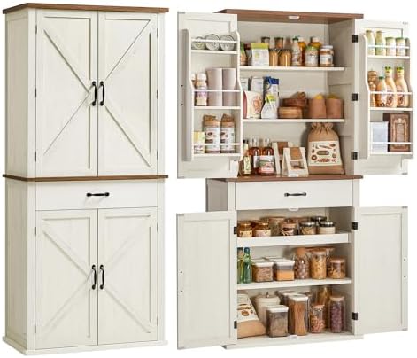 VASAGLE LIRY Collection - Pantry Cabinet, 70.3-Inch Tall Farmhouse Kitchen Storage Cabinet with Barn Doors, Drawer, Tray, Adjustable Shelves, for Kitchen, Dining Room, Rustic White UBBK364W01