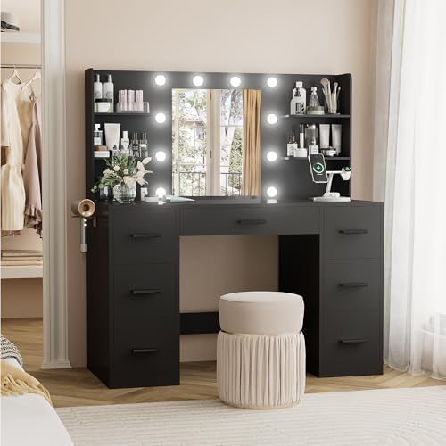 YESHOMY Vanity Desk with Mirror, Power Outlet and 10 Lights, Makeup Table with 7 Drawers, 3 Color Modes Available for Bedroom, Pure Black