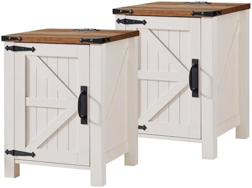 OKD Farmhouse Nightstand Set of 2 with Charging Station, 18 Inch Rustic End Table with Barn Door Cabinet, Adjustable Storage Shelf, Wood Sofa Side Table for Living Room, Bedroom, Antique White