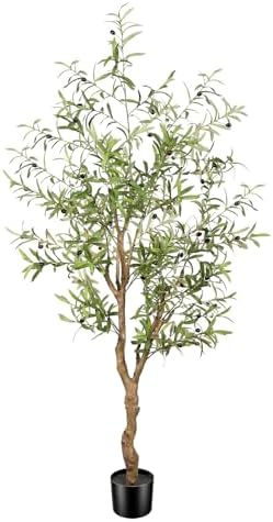 Artificial Olive Tree 6ft -Tall Fake Potted Olive Silk Tree with Planter Natural Olive Branches and Realistic Leaves - Faux Olive Tree for Home House Office Decor Indoor