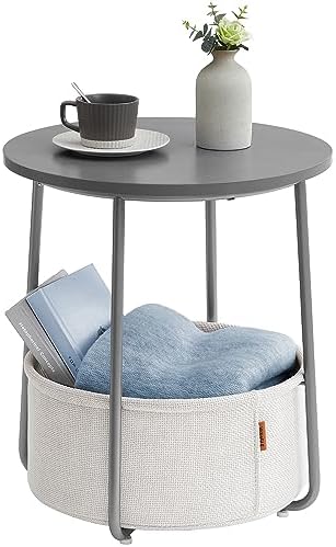VASAGLE Small Round Side End Table, Modern Nightstand with Fabric Basket, Cement Gray and Cream White ULET223G49