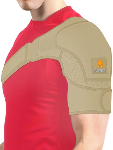 Sparthos Shoulder Brace - Support and Compression Sleeve for Torn Rotator Cuff, AC Joint Pain Relief - Arm Immobilizer Wrap, Ice Pack Pocket, Stability Strap, Dislocated Sholder - for Men and Women - Beige