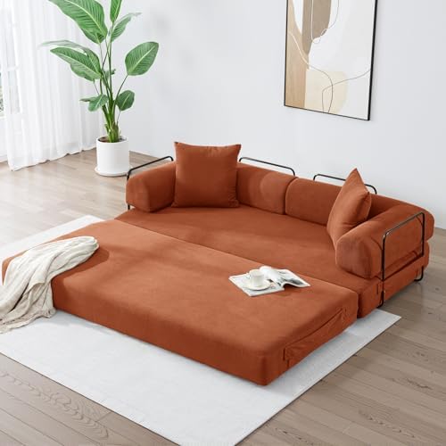 Convertible Sleeper Sofa Bed with Cylindrical Pillow, Corduroy Folding Mattress Couch with Fixed-Shape Frame, Floor Sofa Lounge Couch for Living Room Bedroom Lounge Studio, Orange