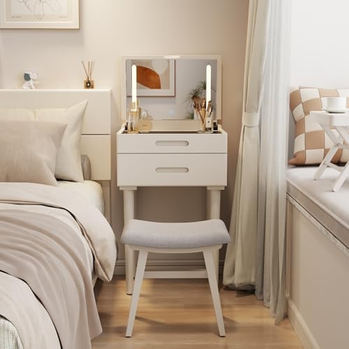 Solid Wood Small Vanity Desk with Flip Top Mirror, Brightness Adjustable Lights, Compact Vanity with Glass Top and Drawers, Slim Dressing Table for Small Space, Bedroom, Living Room, White