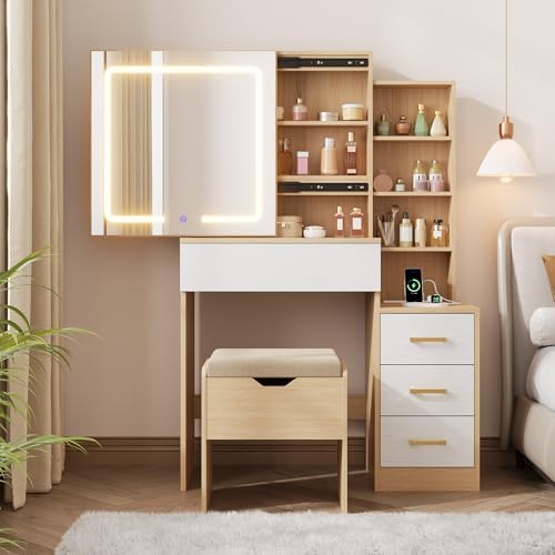GarveeHome Makeup Vanity Desk with Sliding Mirror, Vanity Dressing Table with 3 Color Adjustable Lights, Girls Vanity Set with Stool, 4 Compact Vanity Drawers, Power Outlet, Natural