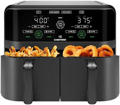 Chefman 6 Quart Dual Basket Air Fryer - Digital Touchscreen, Smart Sync Finish, Hi-Fry, Auto Shutoff, 2 Independent 3QT Nonstick Dishwasher-Safe Frying Baskets - Digital Double Air Fryer - Black