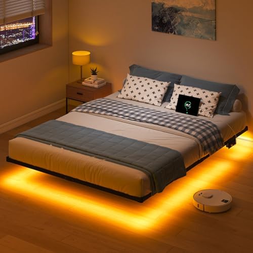 Queen Floating Bed Frame with LED Lights and Charging Station - 10 inch Platform Bed Frame No Box Spring Needed, Easy Assembly