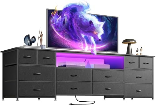 Huuger 70.9 Inch Dresser TV Stand with LED Lights, Power Outlets and USB-C Port, 12 Fabric Drawer Dresser for Bedroom, Wide Entertainment Center for 75, 80 Inch TV, Media Console, Open Shelf, Black