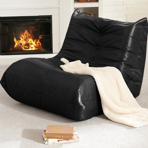 Hobestluk Giant Bean Bag Chair Lazy Floor Sofa, Memory Foam Fireside Sofa for Adults, Big Beanbag Faux Leather Armless Chair for Living Room Bedroom Dorm Office (Black, Single)