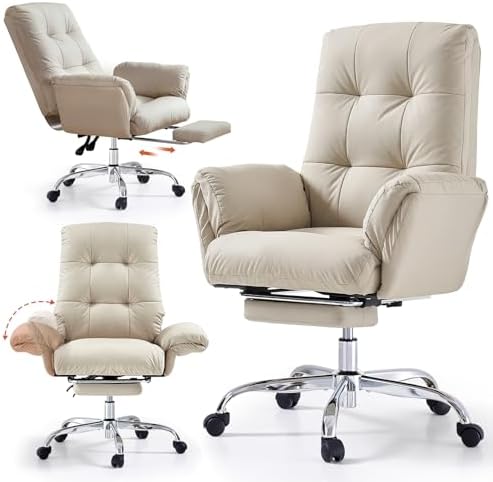 EMIAH Office Chair with Foot Rest Criss Cross Chair with Wheels and Flip-up Arms Reclining Desk Chair Comfy Wide Seat PU Leather Rolling Computer Home Office Chair (Beige)