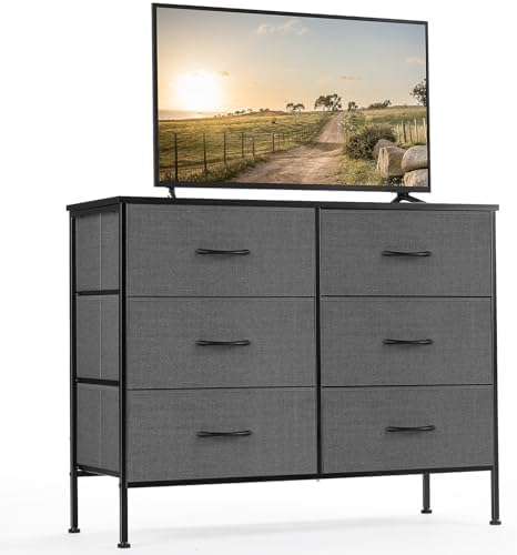 DUMOS TV Stand for Living Room, Dresser for Bedroom Chest of Dresser with 6 Fabric Drawers Storage Organizers Units, Nightstand for Bed