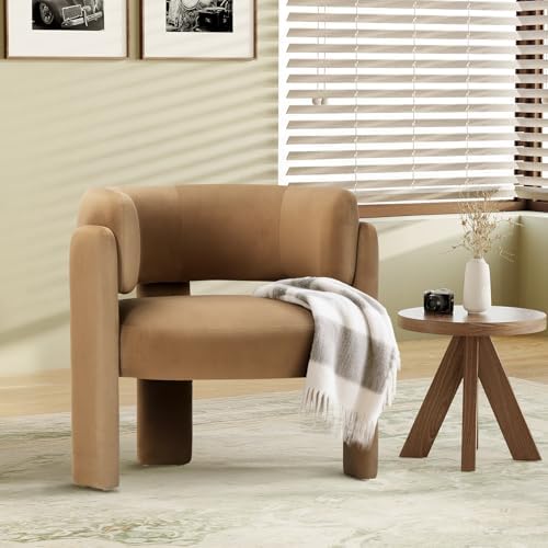 COLAMY Modern Velvet Accent Chair, Upholstered Barrel Chair, Comfy Side Arm Chair with 3 Legs for Living Room, Bedroom, Reading, Khaki