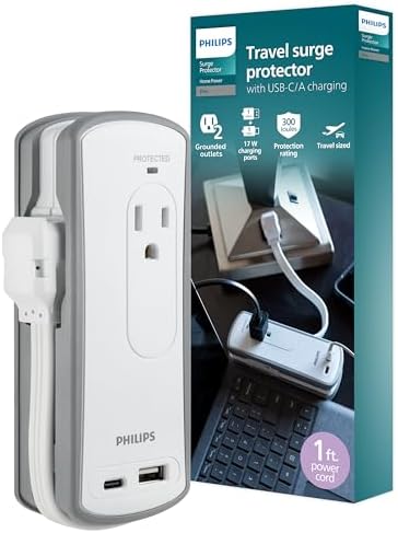 Philips 2-Outlet Travel Surge Protector, 2 USB 1A/1C, 5V/3.4A, 300J, 1 Ft, Grey/White, SPP2111WA/37