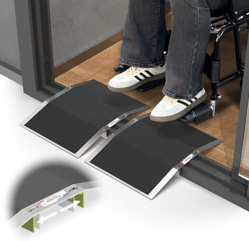 2pc×12"L×1.6"H Bridge Threshold Ramps for Doorways, Fits 2.8–5.1" Wide Thresholds with Adjustable Support Bars,Non-Slip Aluminum Wheelchair Ramps for Home Steps,Sliding Door Ramp for Wheelchair