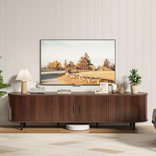 oneinmil 70" Mid Century Modern TV Stand with Sliding Doors, Wood Entertainment Center with Storage and Adjustable Shelves, Fluted Media TV Consoles for Living Room, Walnut