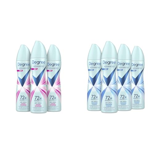 Degree Advanced Antiperspirant Deodorant Dry Spray Sheer Powder and Shower Clean Scents 72-Hour Sweat/Odor Protection Packs of 3 and 4