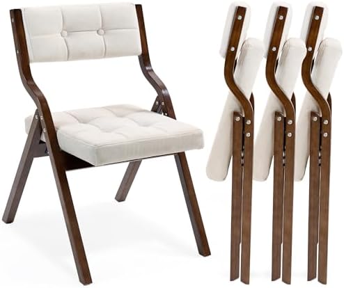 HOMEFUN Folding Chairs with Cushion, Wooden Padded Foldable Chair 4 Pack, Portable and Assembled Seat for Guests Kitchen Office Wedding and Party, Camel