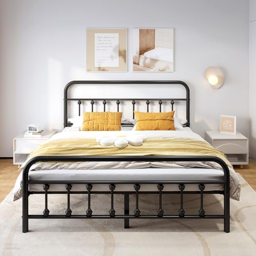 Vengarus Metal Bed Frame,King Size Bed Frame with Headboard,Structurally Stable, Heavy Duty Steel Slat Supported,Under Bed Storage,No Box Spring Needed,14 Inch,Black