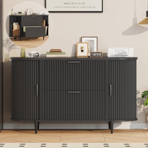 SEDETA 39.4" Filing Cabinet for Home Office, 2 Drawer File Cabinet, fit Legal/Letter/A4 Size, Modern Fluted Filing Cabinets with 2 Sliding Door Storage, Printer Stand, Black