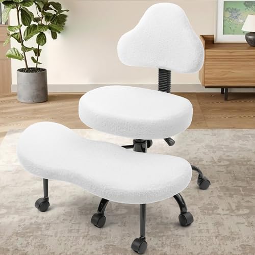 Cross Legged Office Chair, Criss Cross Desk Chair ADHD Meditation Kneeling Yoga Seat with Adjustable Height, Lumbar Support, Wider Footrest and Wheels (Pearl White)