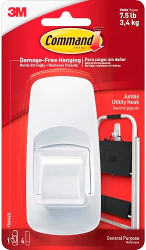 Command Jumbo Utility Hooks, Holds up to 7.5 lb, 1 Wall Hooks and 4 Command Strips, Damage Free Hanging Wall Hook with Adhesive Strips, No Tools Wall Hooks for Hanging Decorations 1 Count, (Pack of 1)