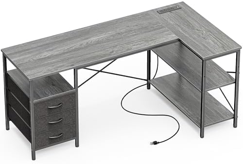 Huuger L Shaped Office Desk with Power Outlets, 55 Inch Computer Desk with 3 Drawers, Shelves, Reverisble for Gaming Corner Work Home Office Study, Grey