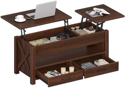Seventable Coffee Table, 47.2" Lift Top Coffee Table with 2 Storage Drawers and Hidden Compartment, Farmhouse Center Table with Wooden Lift Tabletop, for Living Room,Espresso